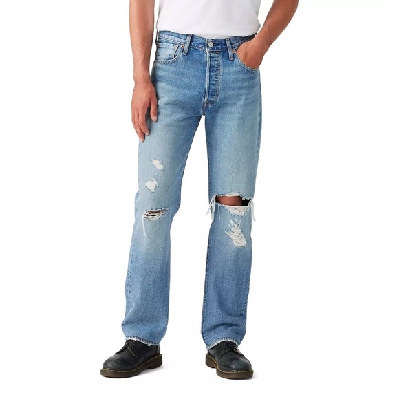 Levis 501 Button Fly Med Wash Distressed Whiskered Straight Leg Jean Size 36/32 - Picture 1 of 15